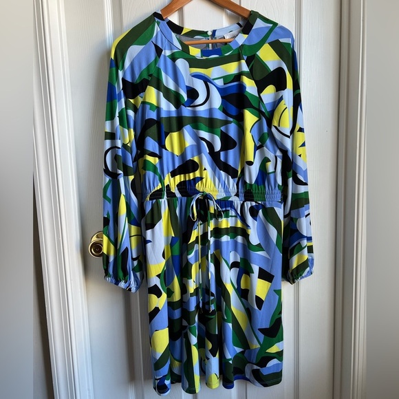 Donna Morgan Women's Faux Drawstring Raglan Sleeve Size 12 Geo Print - Picture 1 of 5